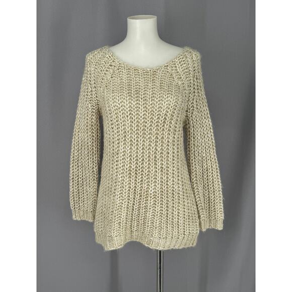Anthropologie Knitted Knotted Sweater Womens Small Oatmeal Open Knit Sequin - Picture 1 of 9